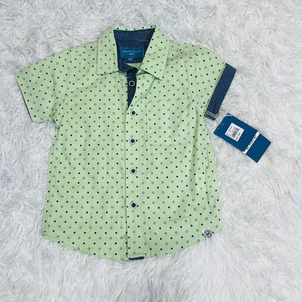 Perry Ellis Boys Color Button Up Polo Short Sleeve Toddler boys 2T Pastel Green‎